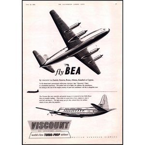 1953 BEA British European Airlines Vintage Print Ad Viscount Turbo Prop Wall Art